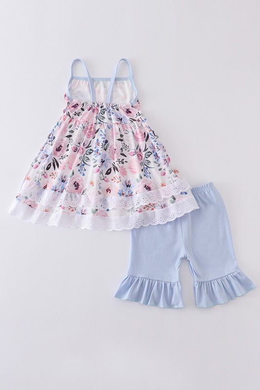 White floral print ruffle girl set