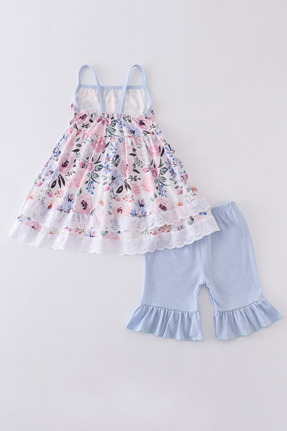 White floral print ruffle girl set