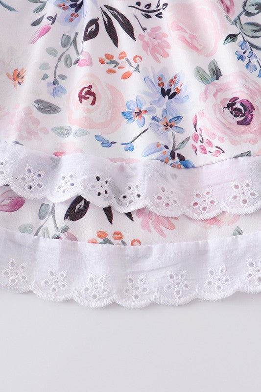 White floral print ruffle girl set