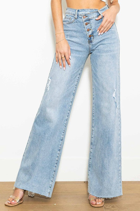 Vibrant MIU Criss Cross High Waisted Wide Leg Jeans