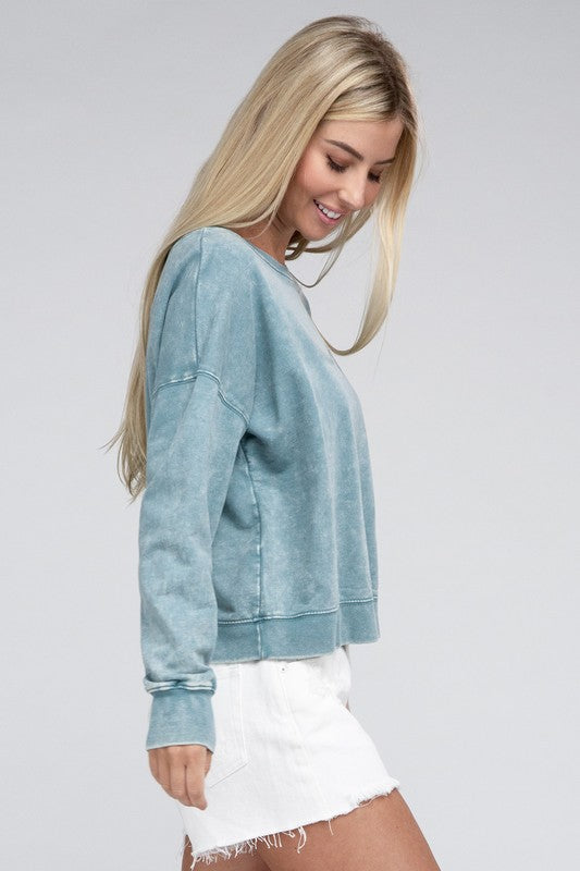 Zenana French Terry Acid Wash Boat Neck Pullover