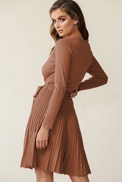 Dress - V Neck Pleated Gray