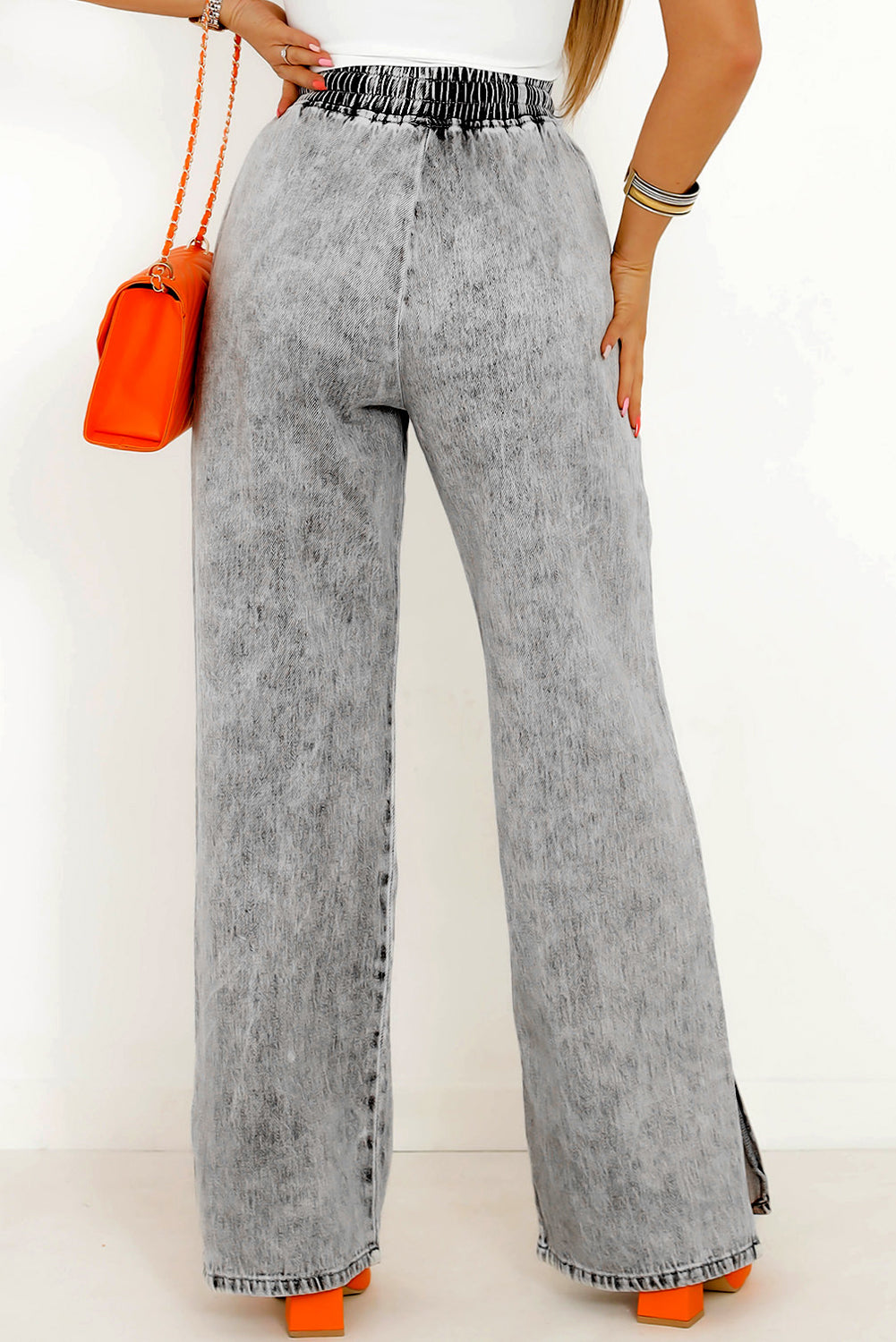 Grey Washed Wide Leg Jeans with Elastic Waist