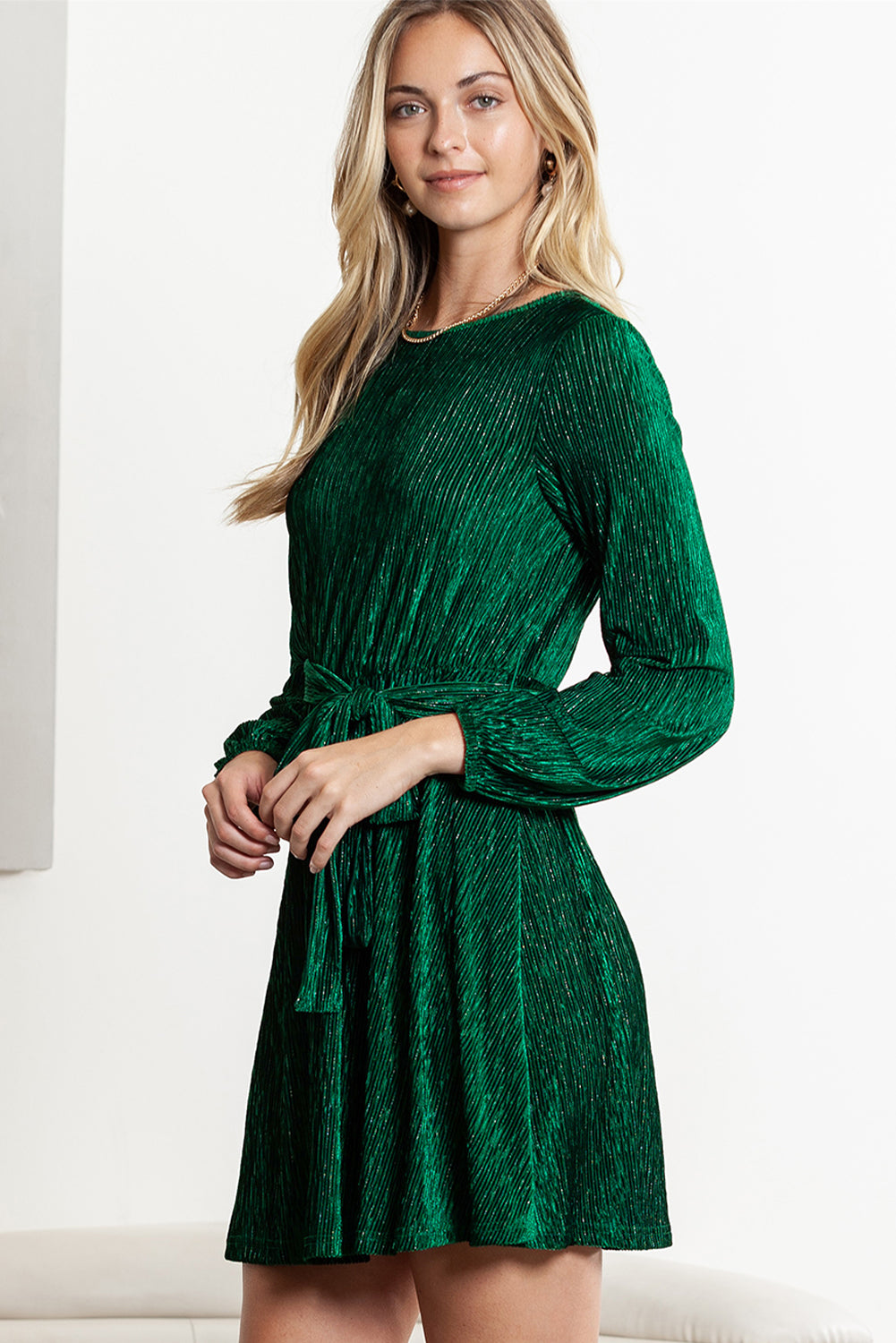 Crinkle Velvet Dress With Tie Waist and Puff Sleeves