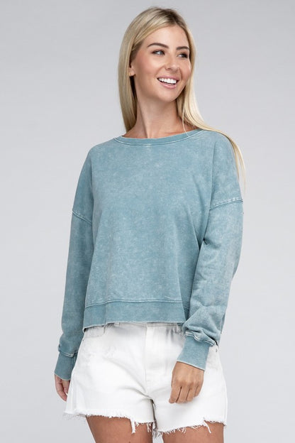 Zenana French Terry Acid Wash Boat Neck Pullover