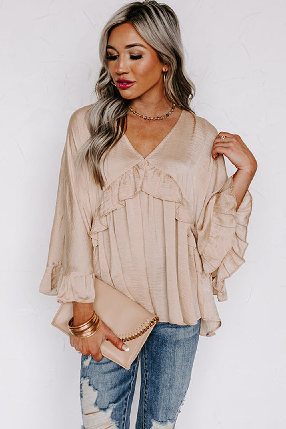 Blouse - V Neck Draped Ruffle Top