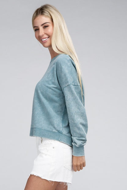 Zenana French Terry Acid Wash Boat Neck Pullover