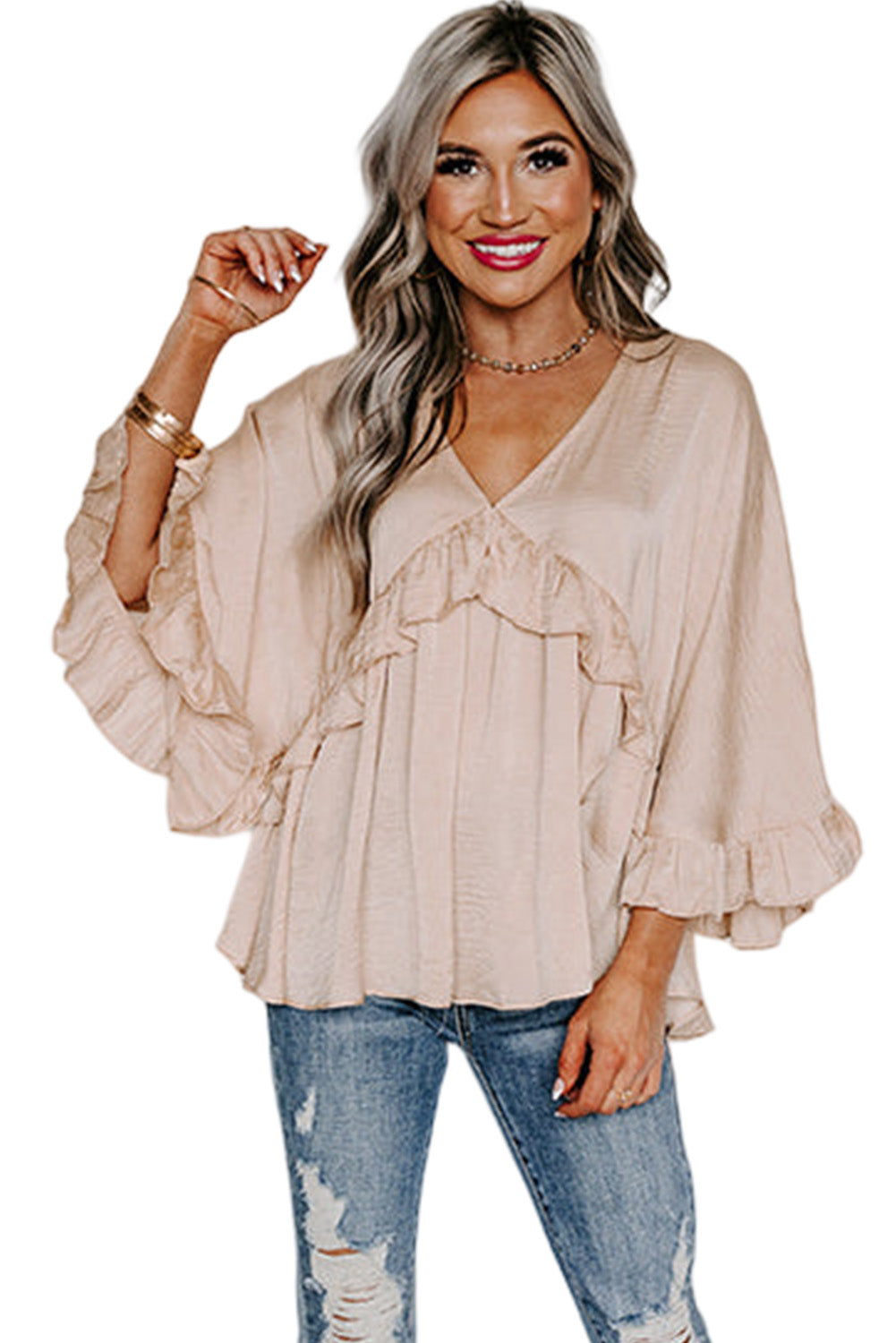 Blouse - V Neck Draped Ruffle Top