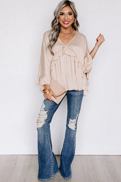 Blouse - V Neck Draped Ruffle Top