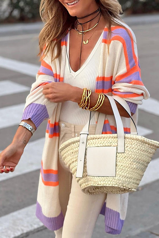 Beige Striped Long Sleeve Ribbed Trim Button Cardigan