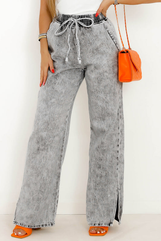 Grey Washed Wide Leg Jeans with Elastic Waist