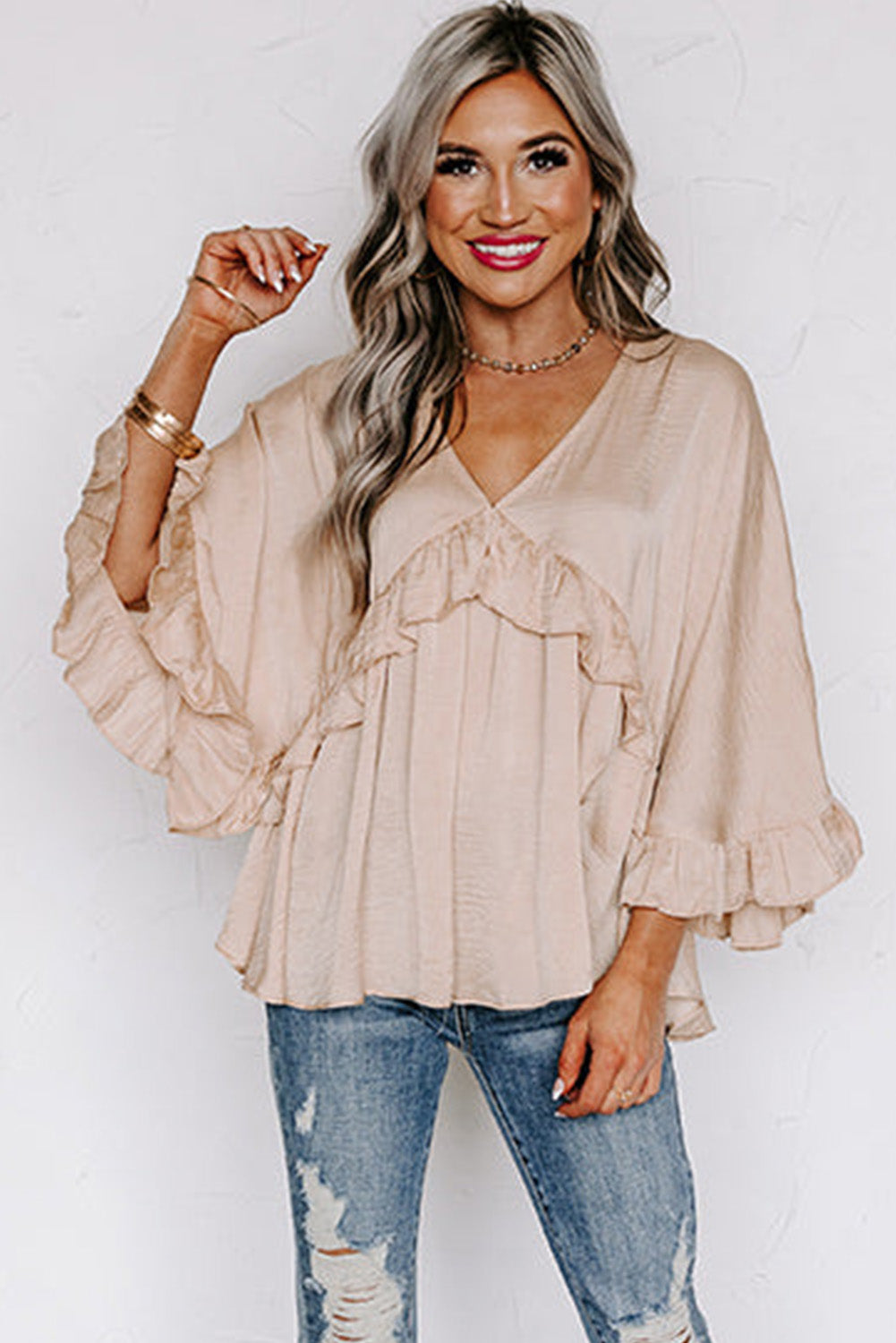 Blouse - V Neck Draped Ruffle Top