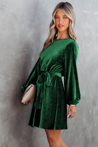 Crinkle Velvet Dress With Tie Waist and Puff Sleeves