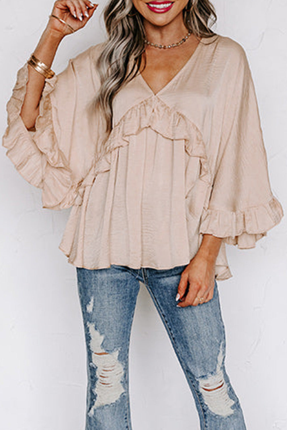 Blouse - V Neck Draped Ruffle Top