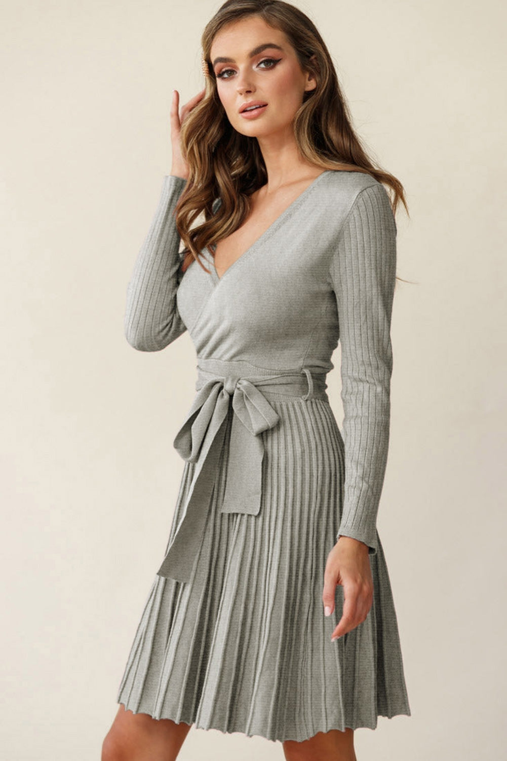 Dress - V Neck Pleated Gray