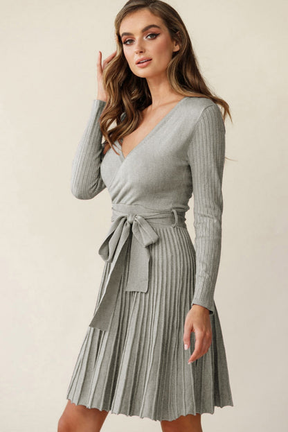 Dress - V Neck Pleated Gray