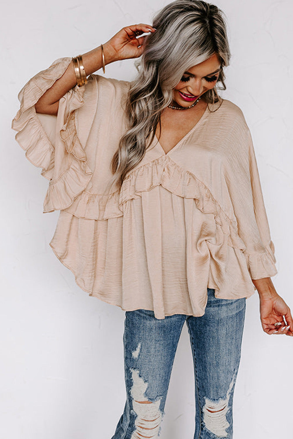Blouse - V Neck Draped Ruffle Top
