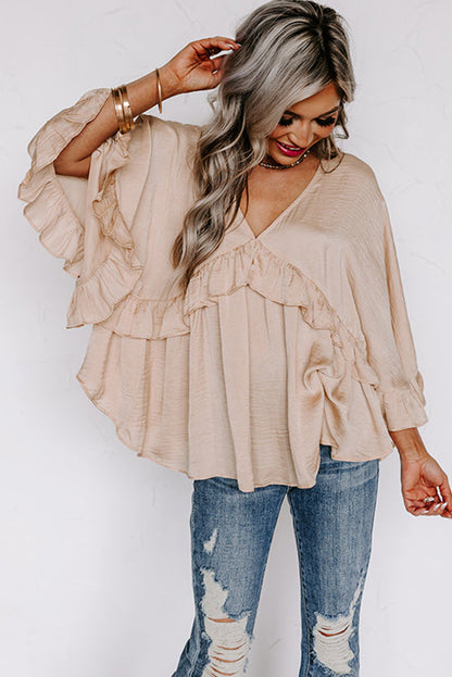 Blouse - V Neck Draped Ruffle Top