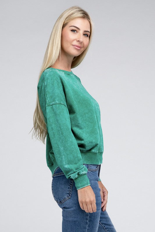 Zenana French Terry Acid Wash Boat Neck Pullover