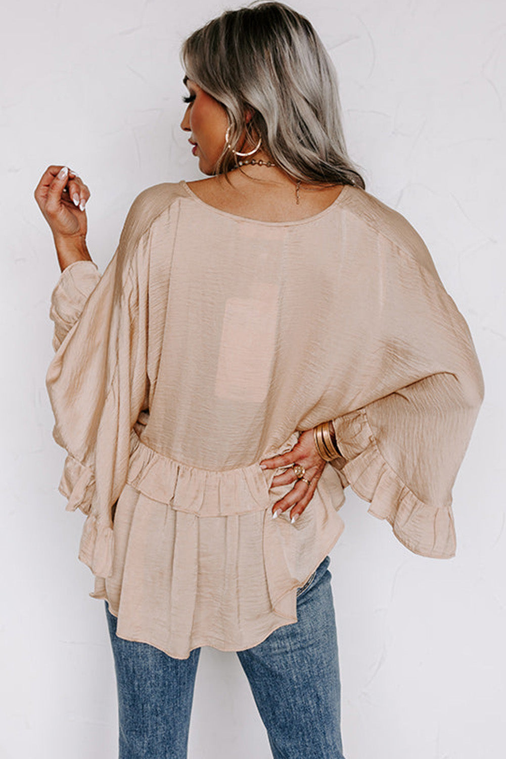 Blouse - V Neck Draped Ruffle Top