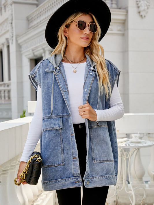 Vest Hooded Sleeveless Denim Top with Pockets