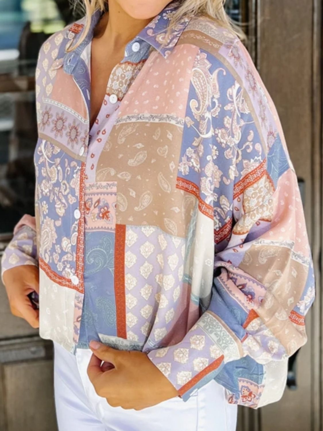 Blouse - Patchwork Print Button Up