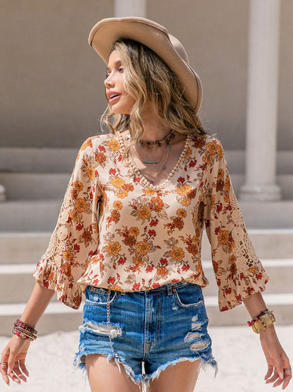 Blouse - Floral V-Neck Spliced Lace