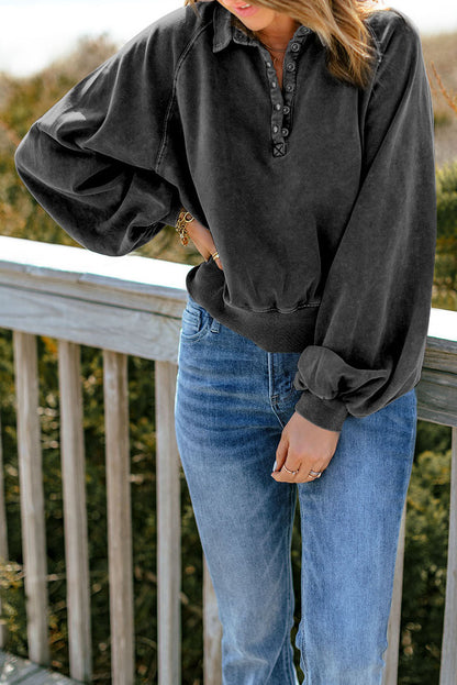 Quarter-Snap Collared Lantern Sleeve Sweatshirt