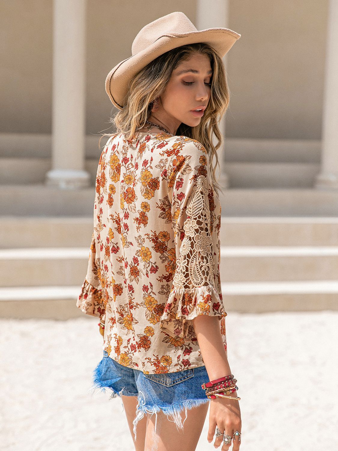 Blouse - Floral V-Neck Spliced Lace