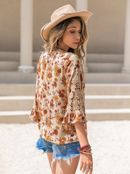 Blouse - Floral V-Neck Spliced Lace