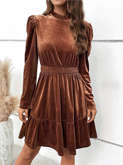 Smocked Long Sleeve Ruffle Hem Dress