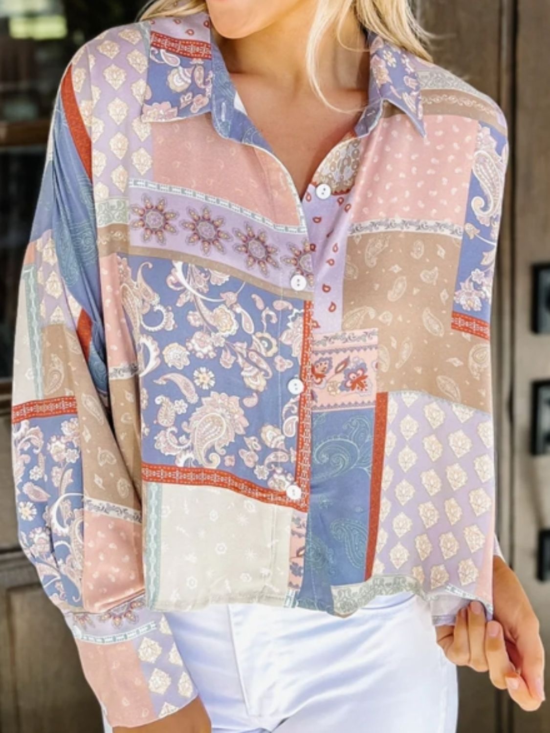 Blouse - Patchwork Print Button Up