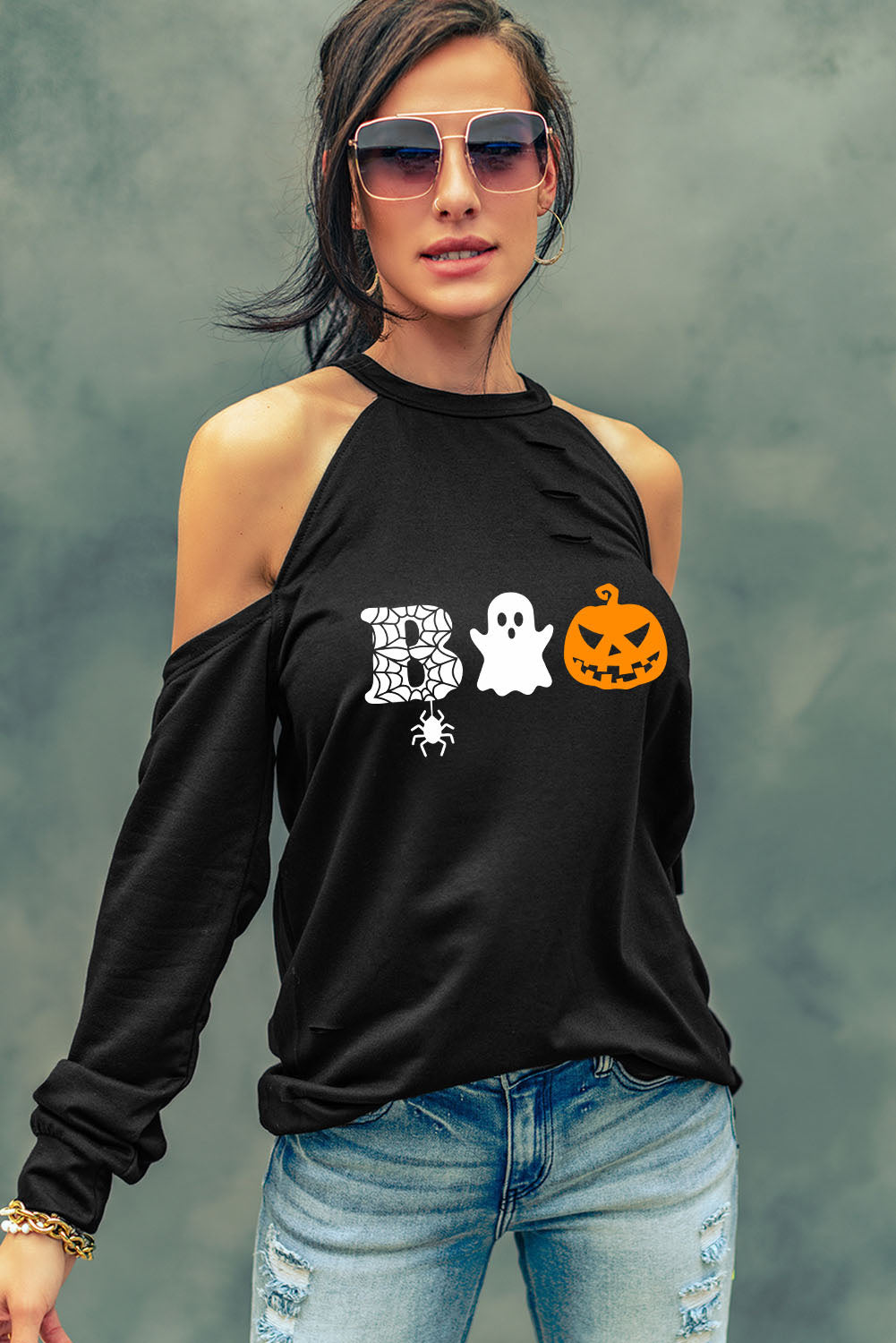 Boo Graphic Distressed Blouse